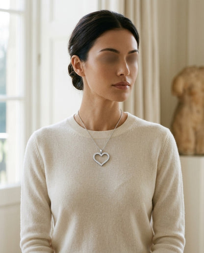 Diamond Heart Pendant with Textured Borders in 14k White Gold — portrait close