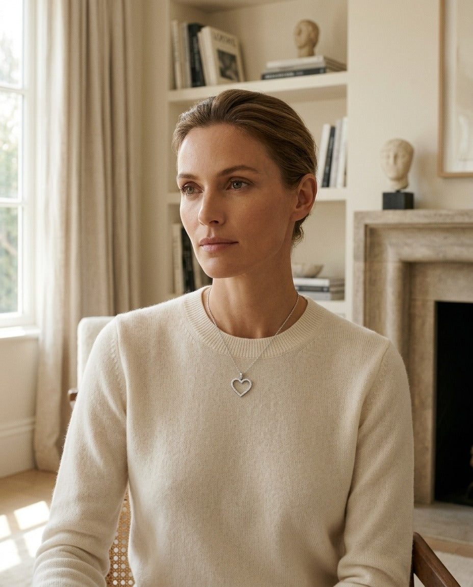 Diamond Heart Pendant with Textured Borders in 14k White Gold — portrait full