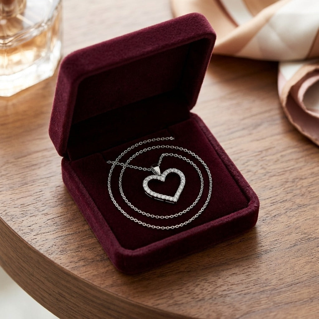 Diamond Heart Pendant with Textured Borders in 14k White Gold — velvet box