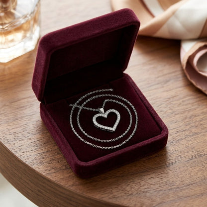 Diamond Heart Pendant with Textured Borders in 14k White Gold — velvet box
