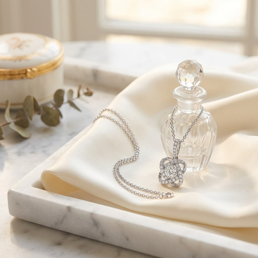 Diamond Pave Cross Knot Pendant with Round Center in 14k White Gold — marble silk