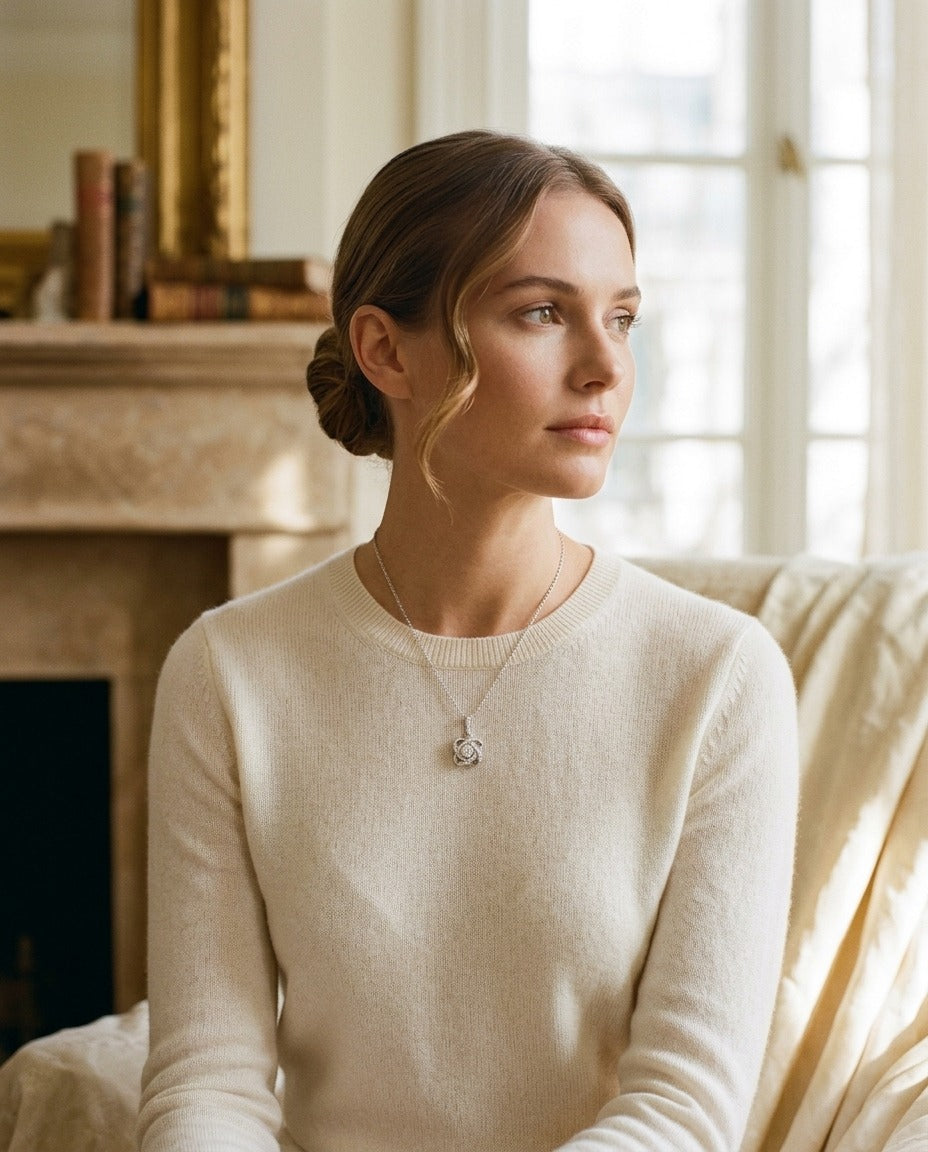 Diamond Pave Cross Knot Pendant with Round Center in 14k White Gold — portrait full