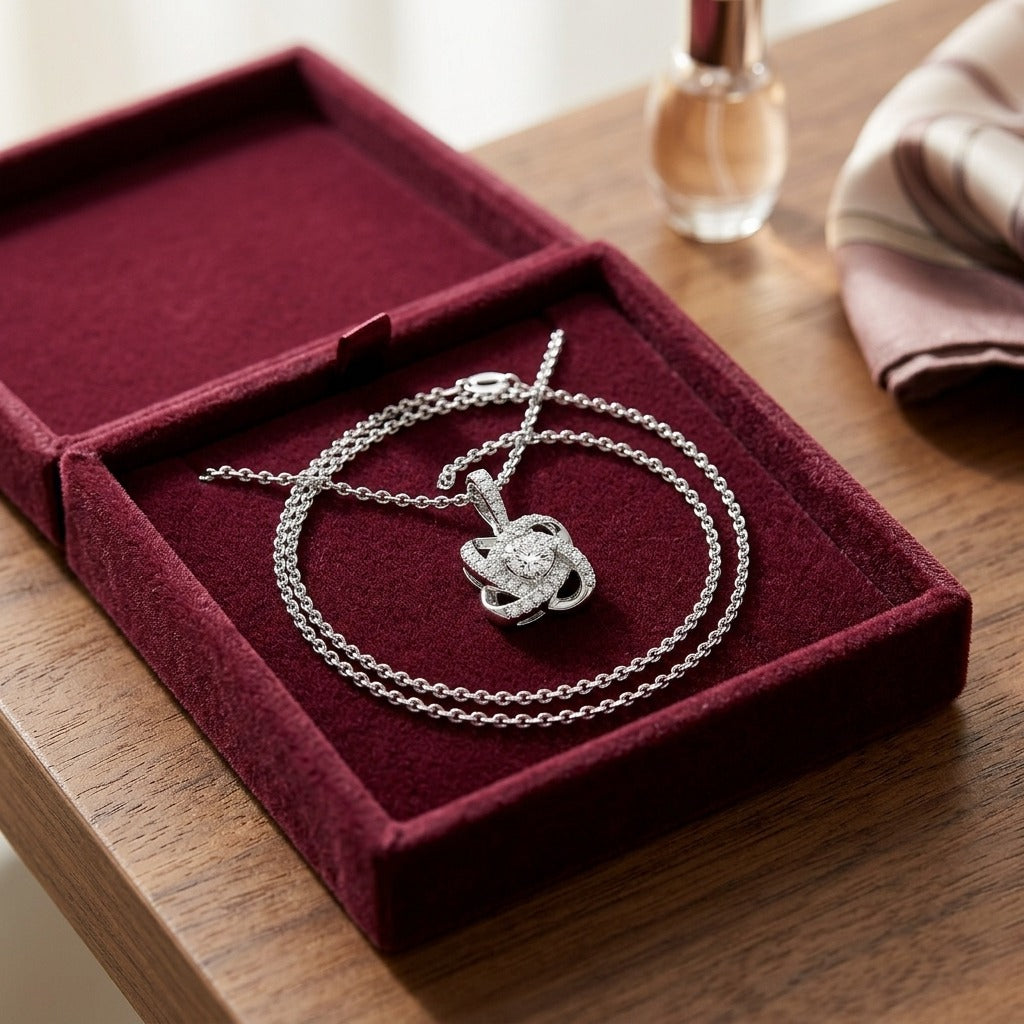Diamond Pave Cross Knot Pendant with Round Center in 14k White Gold — velvet box