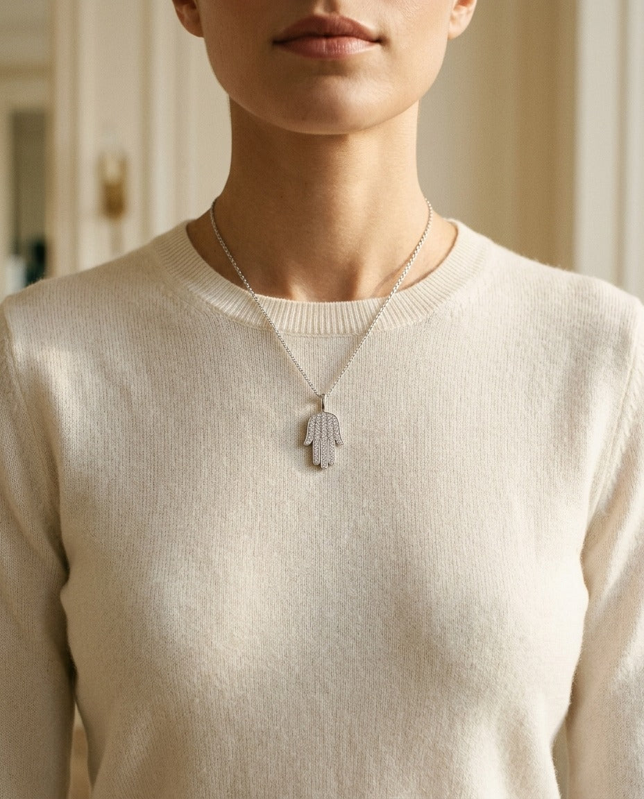 Diamond Pave Hamsa Pendant in 14k White Gold (0.15ctw) — portrait close