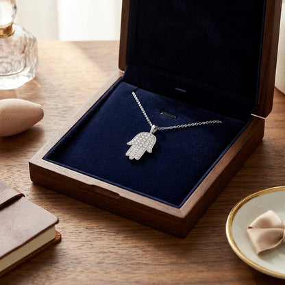 Diamond Pave Hamsa Pendant in 14k White Gold (0.15ctw) — velvet box