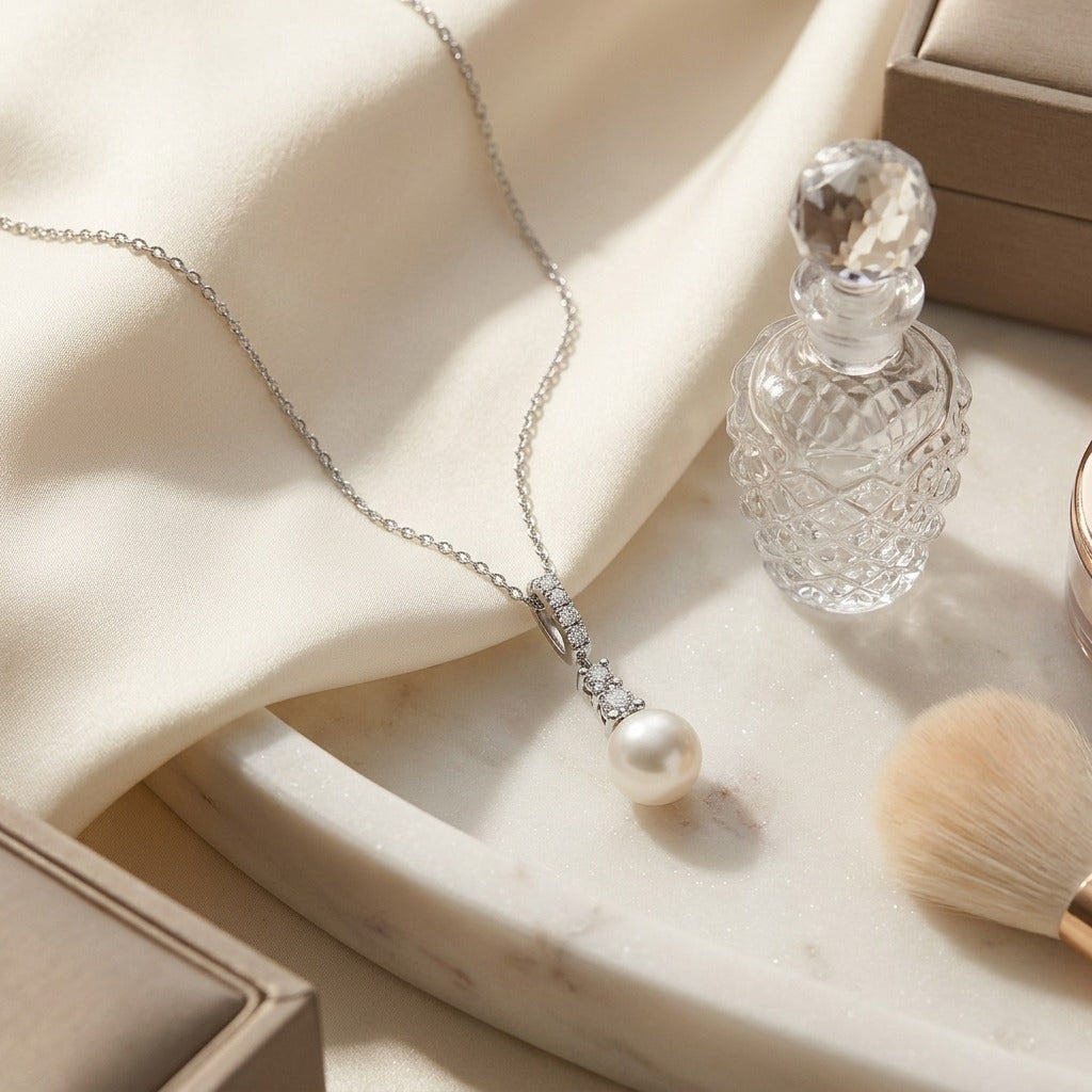 Cultured Pearl and Diamond Pendant with Graduated Prong-Set Bail in 14k White Gold (8.0-8.5mm) (Si) — marble silk