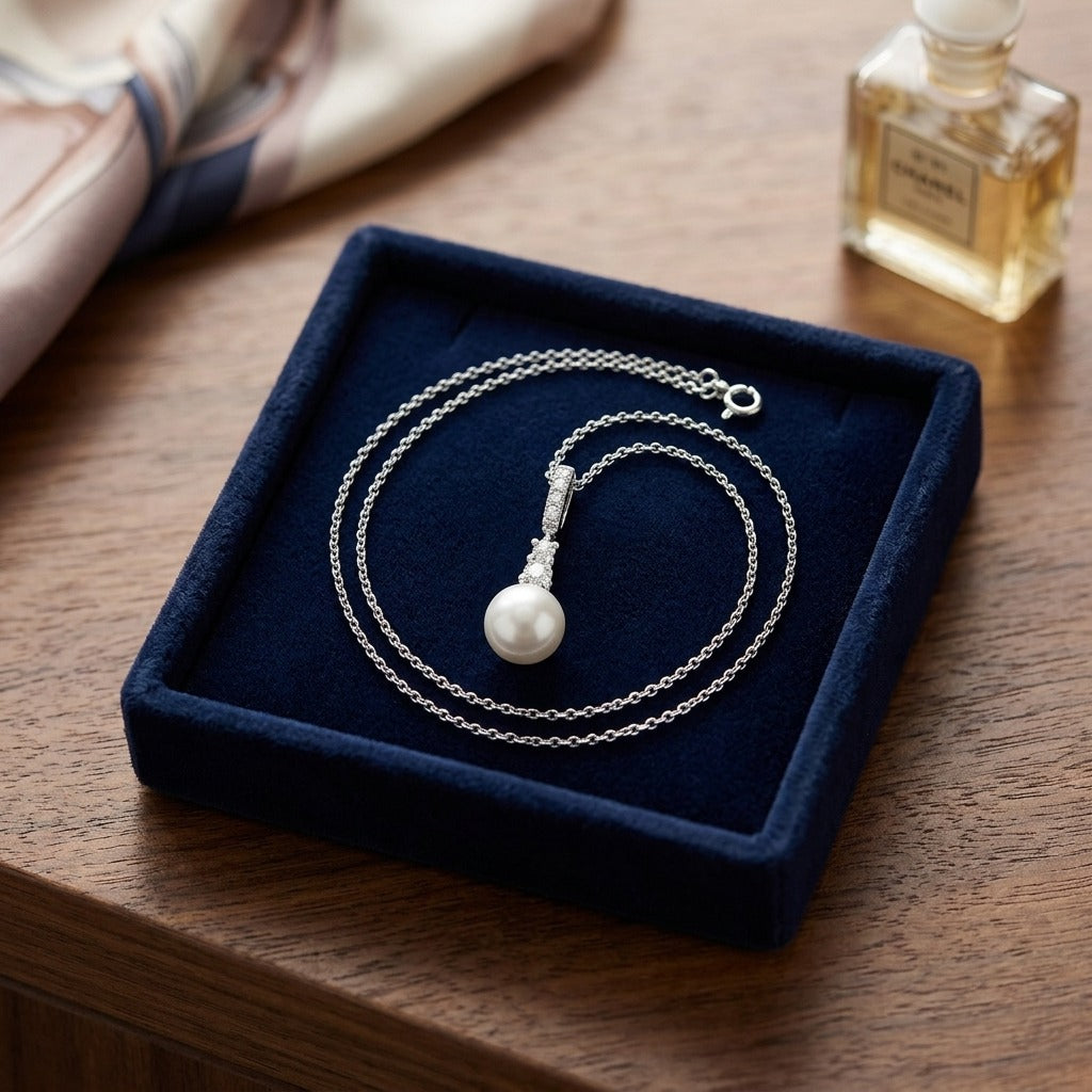 Cultured Pearl and Diamond Pendant with Graduated Prong-Set Bail in 14k White Gold (8.0-8.5mm) (Si) — velvet box