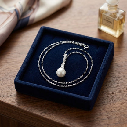 Cultured Pearl and Diamond Pendant with Graduated Prong-Set Bail in 14k White Gold (8.0-8.5mm) (Si) — velvet box