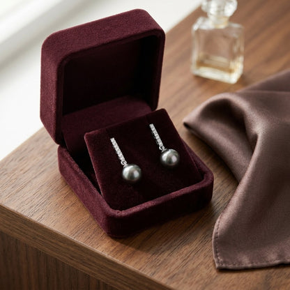 Black Pearl and Diamond Straight Drop Pendant in 14k White Gold (9.0-9.5mm) (Si) — velvet box