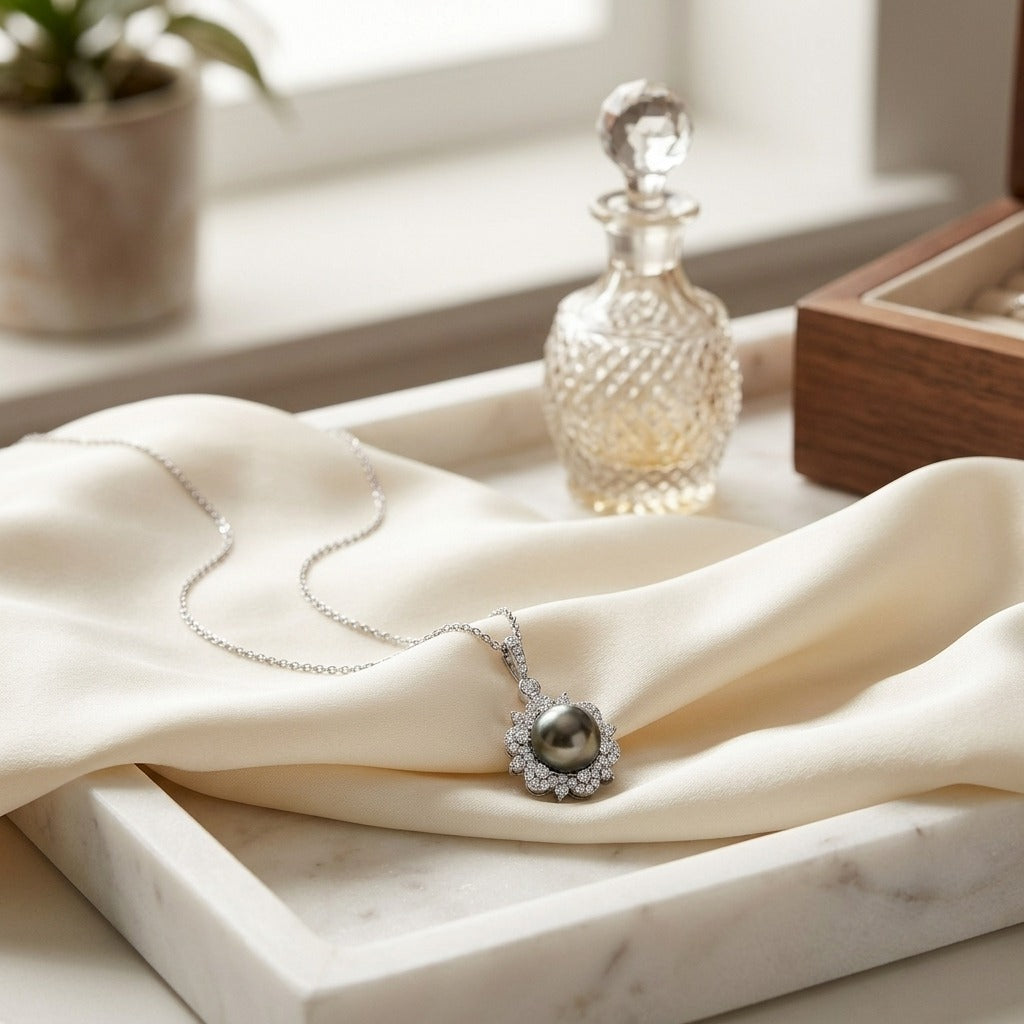 Black Pearl and Diamond Pendant with Arabesque Border in 14k White Gold (9.0-9.5mm) (Si) — marble silk