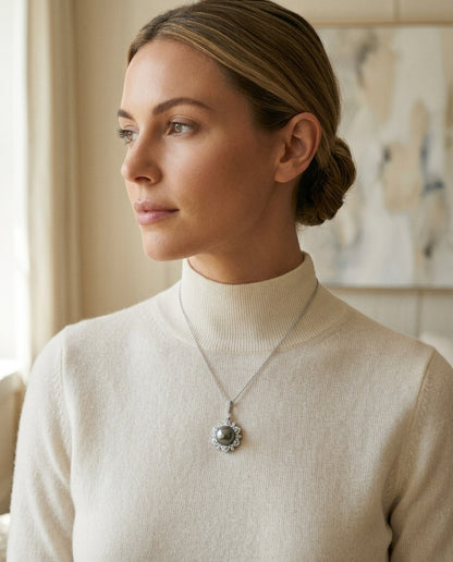 Black Pearl and Diamond Pendant with Arabesque Border in 14k White Gold (9.0-9.5mm) (Si) — portrait close