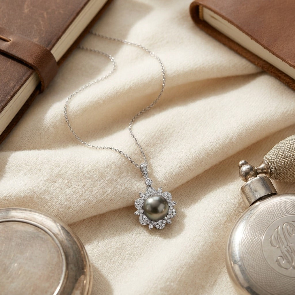 Black Pearl and Diamond Pendant with Arabesque Border in 14k White Gold (9.0-9.5mm) (Si) — textile flat lay