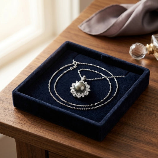 Black Pearl and Diamond Pendant with Arabesque Border in 14k White Gold (9.0-9.5mm) (Si) — velvet box