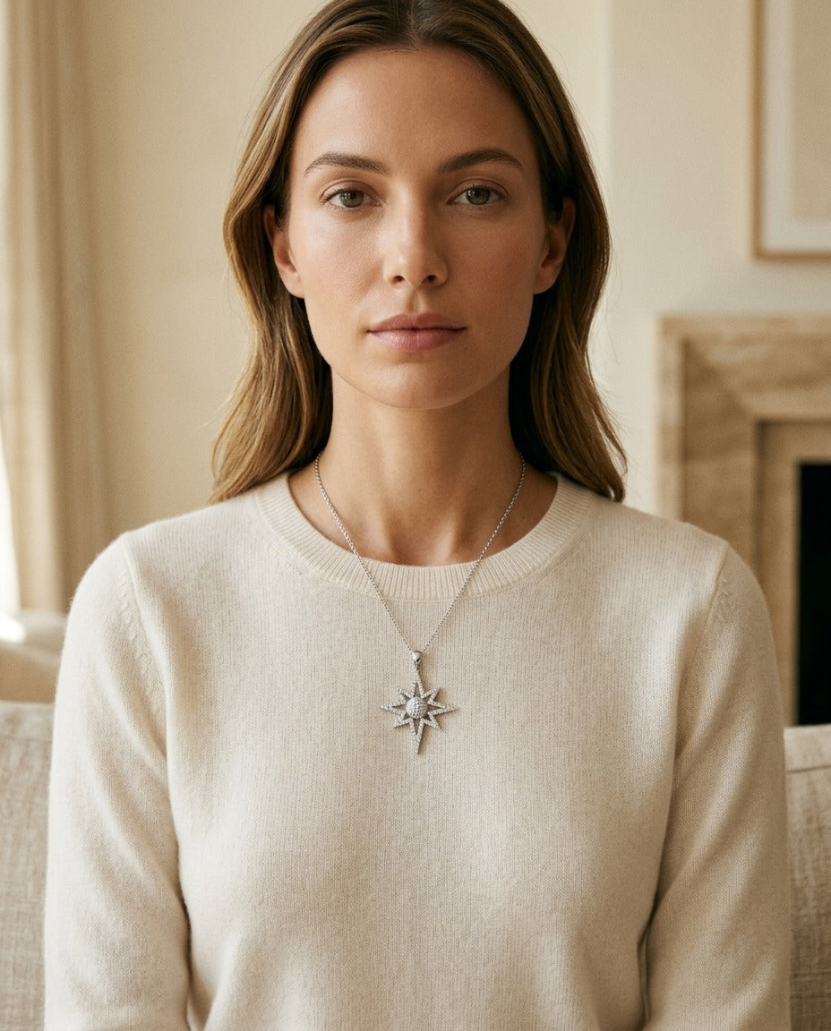 Diamond Polar Star Pendant with Pave Dome Core in 14k White Gold, 16-18 Adjustable Chain — portrait close