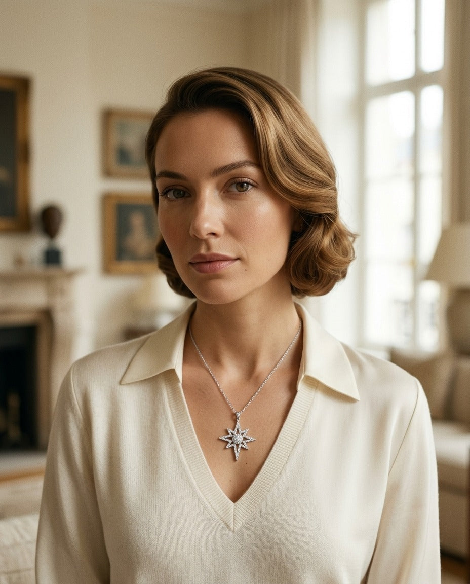 Diamond Polar Star Pendant with Pave Dome Core in 14k White Gold, 16-18 Adjustable Chain — portrait full