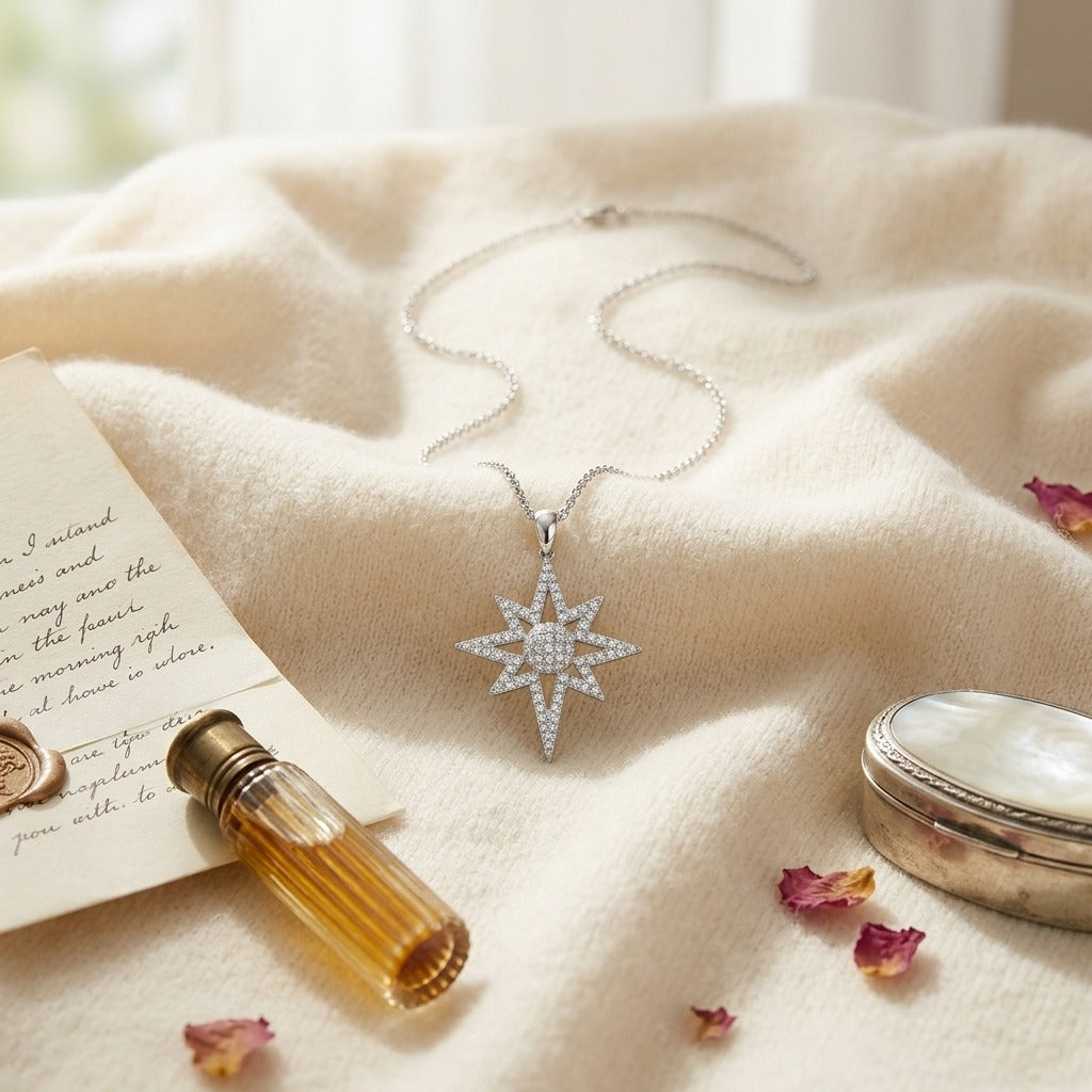 Diamond Polar Star Pendant with Pave Dome Core in 14k White Gold, 16-18 Adjustable Chain — textile flat lay