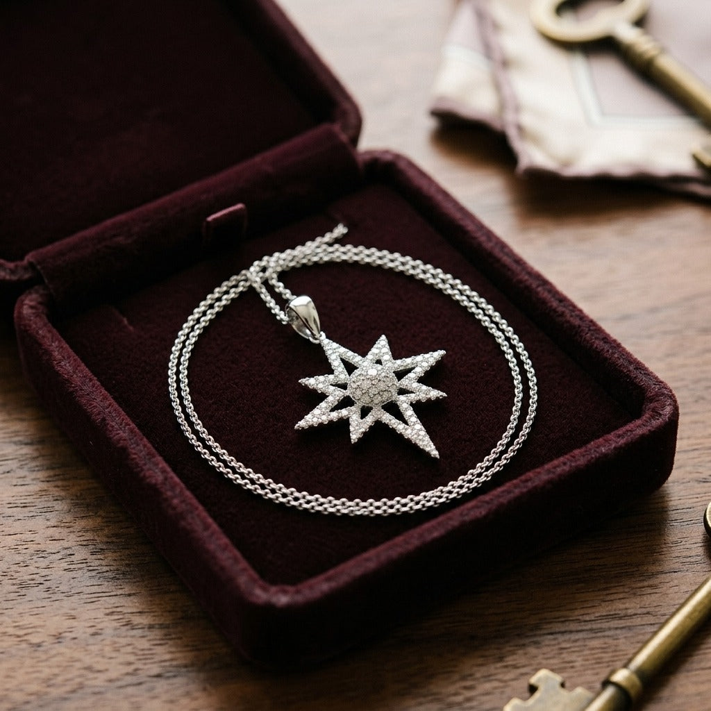 Diamond Polar Star Pendant with Pave Dome Core in 14k White Gold, 16-18 Adjustable Chain — velvet box