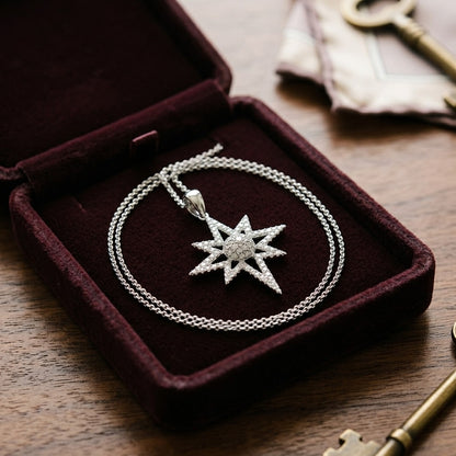 Diamond Polar Star Pendant with Pave Dome Core in 14k White Gold, 16-18 Adjustable Chain — velvet box