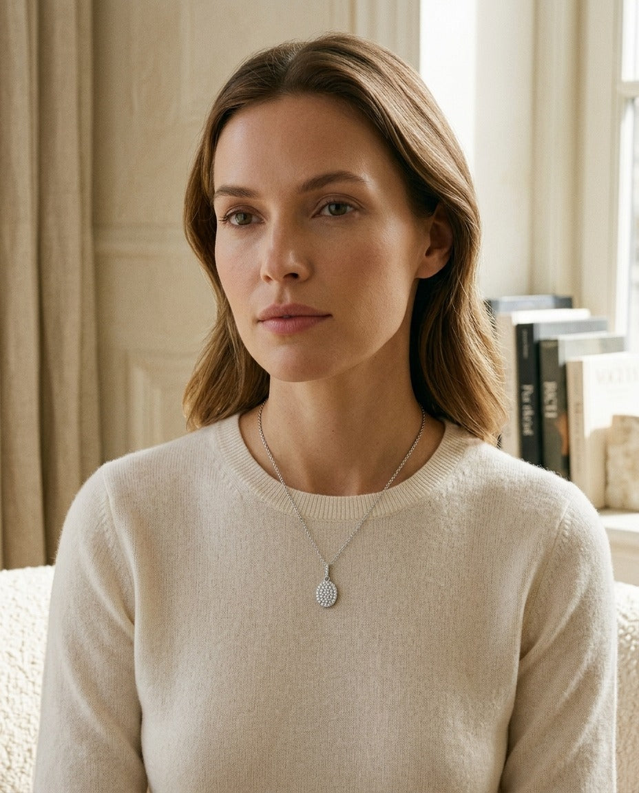 Diamond Pave Disk Pendant with Bail in 14k White Gold — portrait close