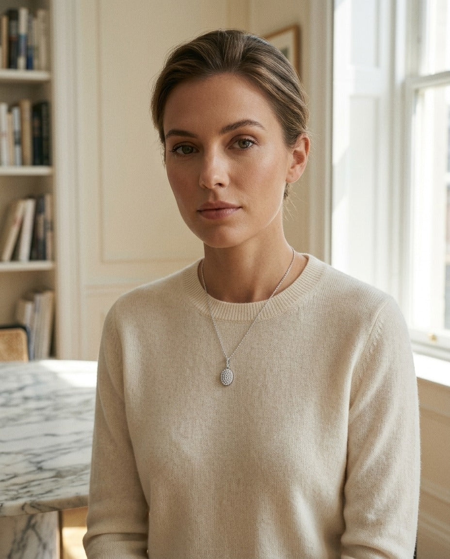 Diamond Pave Disk Pendant with Bail in 14k White Gold — portrait full