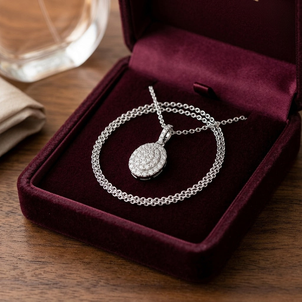 Diamond Pave Disk Pendant with Bail in 14k White Gold — velvet box