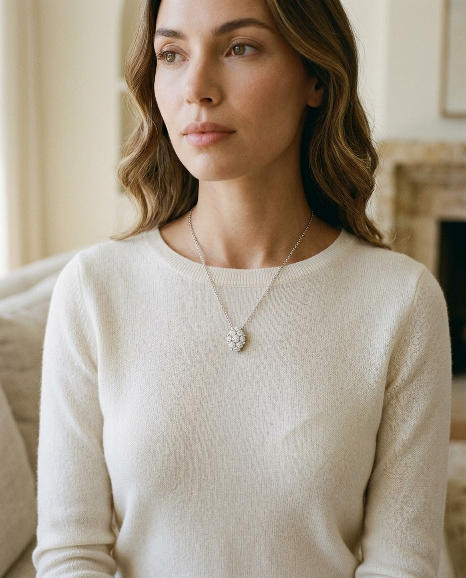 Diamond Oval Cluster Solitaire Pendant in 14k White Gold (16-18 Inch Adj Chain) — portrait close