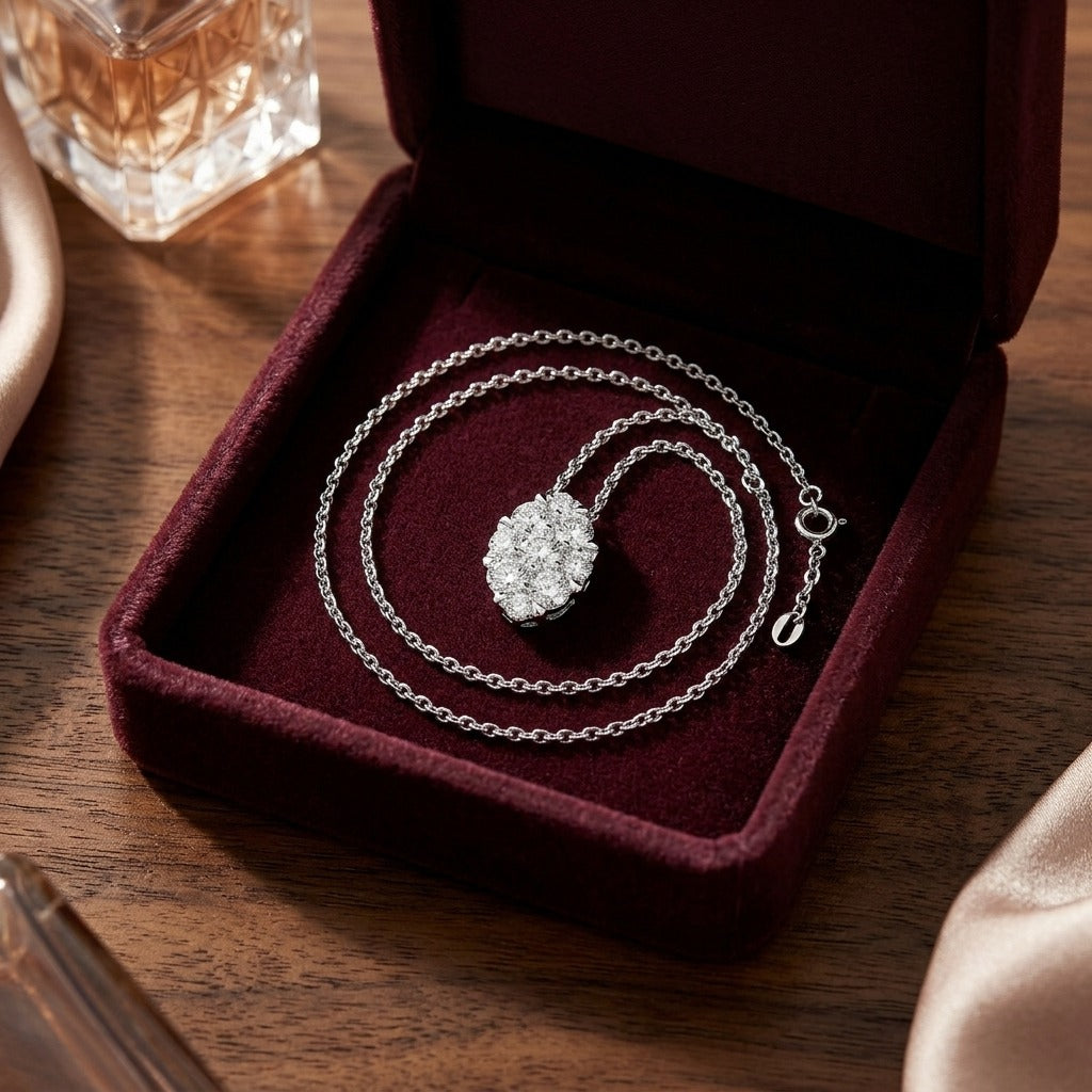 Diamond Oval Cluster Solitaire Pendant in 14k White Gold (16-18 Inch Adj Chain) — velvet box