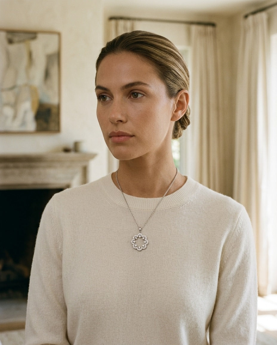 Diamond Floral Pendant in 14k White Gold 1-1/6ctw 16-18 Inch Adj Chain — portrait close
