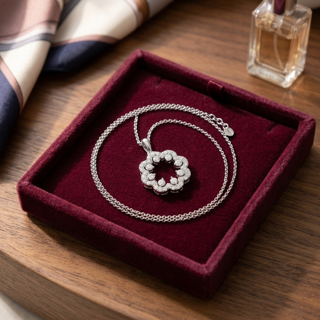 Diamond Floral Pendant in 14k White Gold 1-1/6ctw 16-18 Inch Adj Chain — velvet box