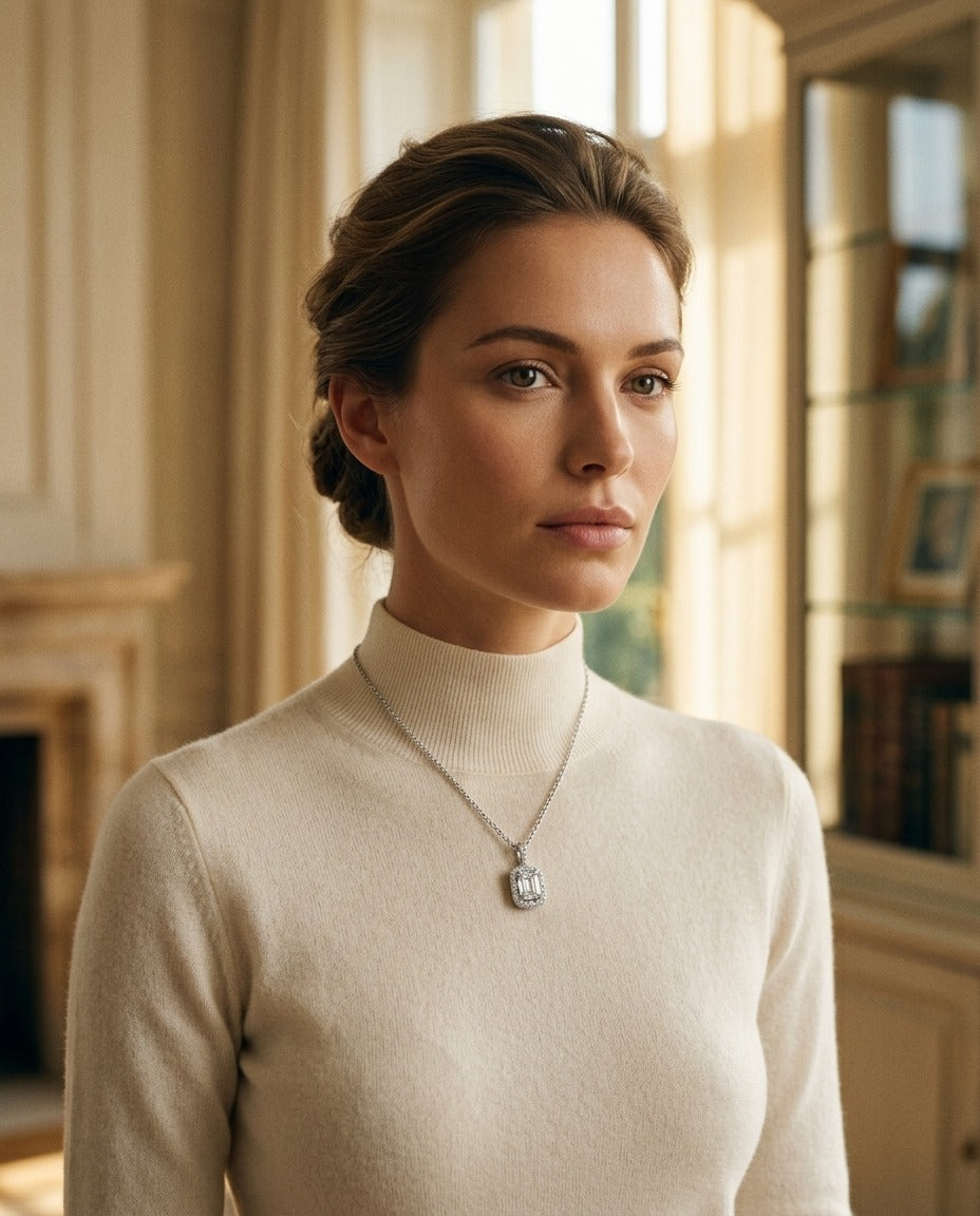 Diamond Rectangular Halo Pendant in 14k White Gold 3/4ct Emerald Cut Center 9/10ctw 16-18 Inch Adj Chain — portrait full