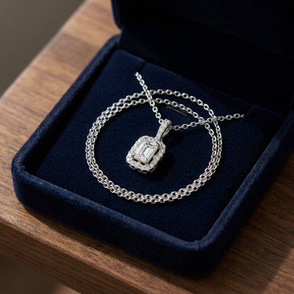 Diamond Rectangular Halo Pendant in 14k White Gold 3/4ct Emerald Cut Center 9/10ctw 16-18 Inch Adj Chain — velvet box