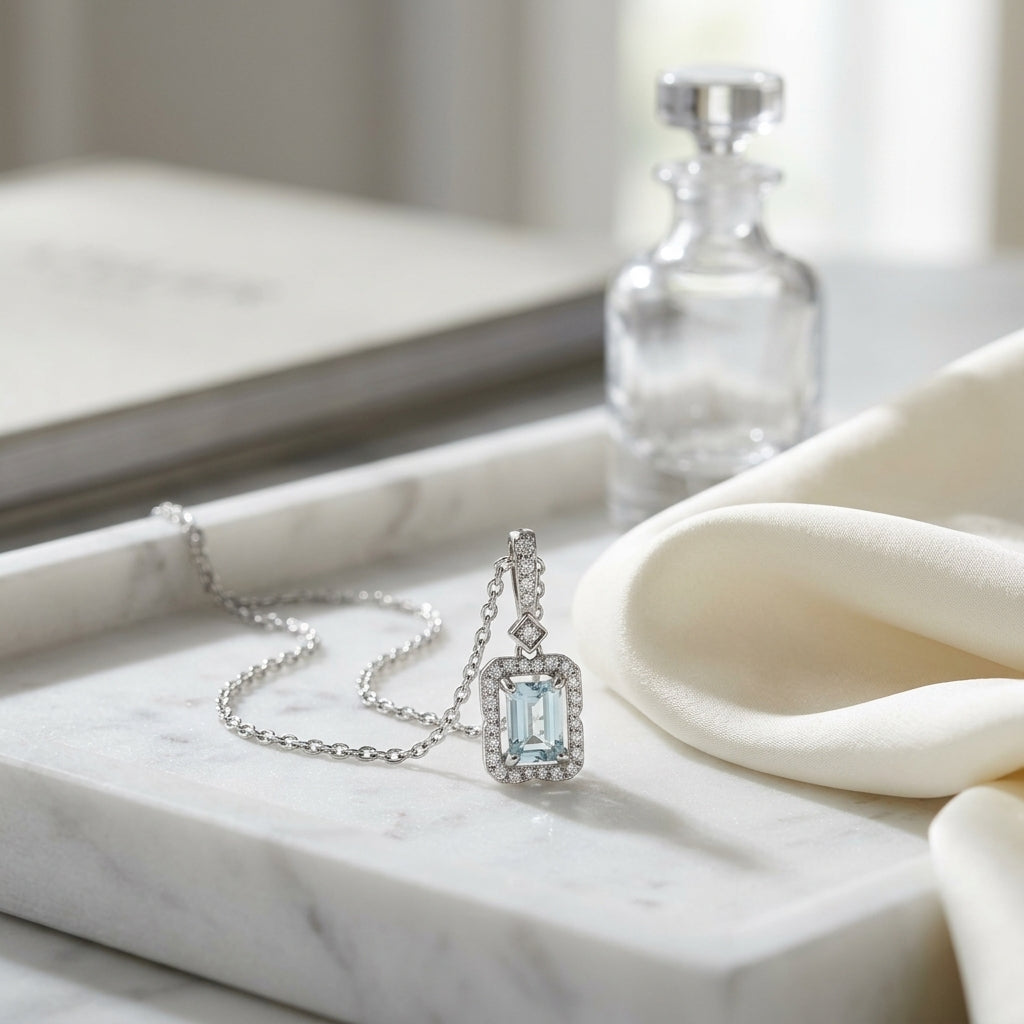 Aquamarine Emerald Cut Halo Pendant in 14k White Gold 1/6ctw — atelier still life