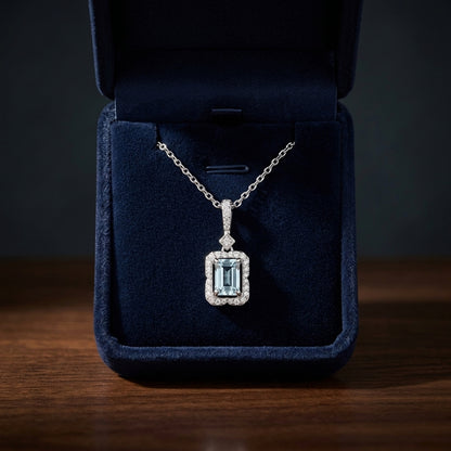 Aquamarine Emerald Cut Halo Pendant in 14k White Gold 1/6ctw — gift presentation