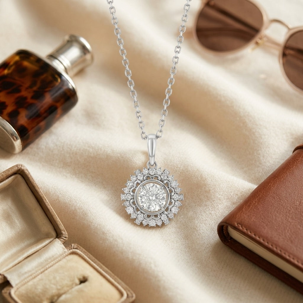 Diamond Hexagon Pendant in 14k White Gold 3/4ct Ctr 1ctw 16-18 Inch Adj Chain — textile flat lay