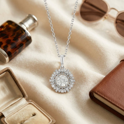 Diamond Hexagon Pendant in 14k White Gold 3/4ct Ctr 1ctw 16-18 Inch Adj Chain — textile flat lay