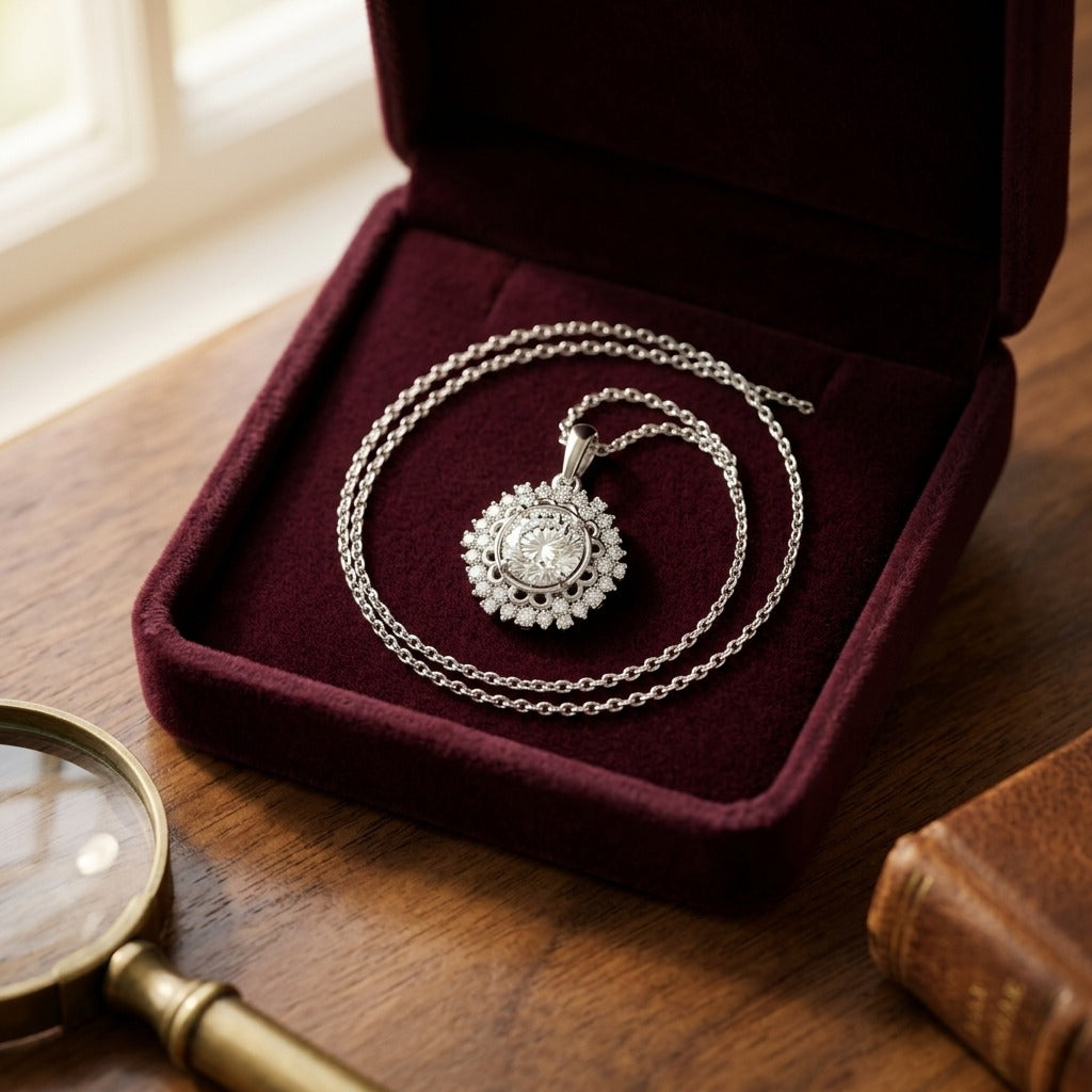 Diamond Hexagon Pendant in 14k White Gold 3/4ct Ctr 1ctw 16-18 Inch Adj Chain — velvet box