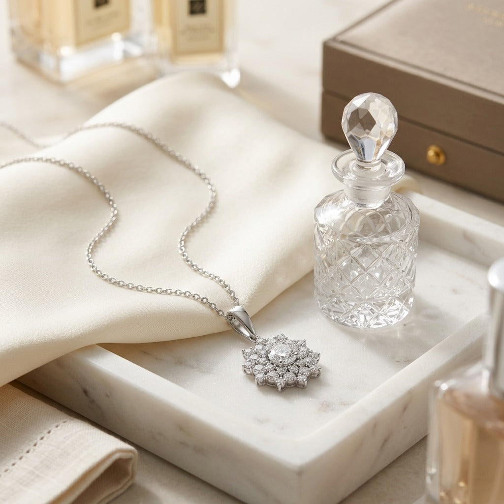 Diamond Floral Pendant in 14k White Gold 1/2ct Ctr 1-1/10ctw 16-18 Inch Adj Chain — marble silk
