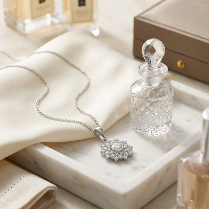 Diamond Floral Pendant in 14k White Gold 1/2ct Ctr 1-1/10ctw 16-18 Inch Adj Chain — marble silk