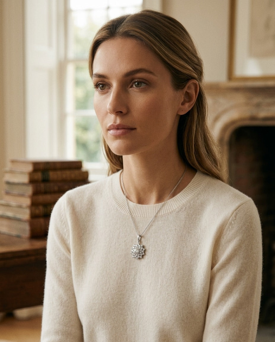 Diamond Floral Pendant in 14k White Gold 1/2ct Ctr 1-1/10ctw 16-18 Inch Adj Chain — portrait full