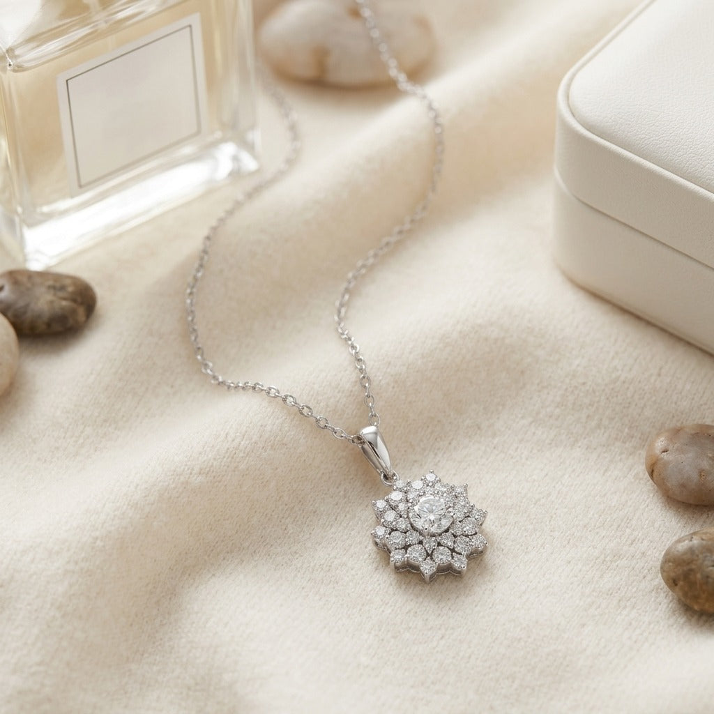 Diamond Floral Pendant in 14k White Gold 1/2ct Ctr 1-1/10ctw 16-18 Inch Adj Chain — textile flat lay