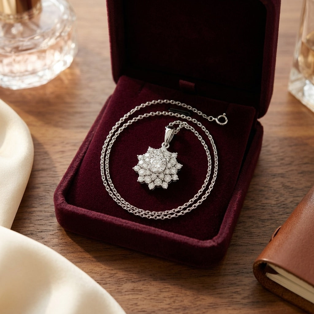 Diamond Floral Pendant in 14k White Gold 1/2ct Ctr 1-1/10ctw 16-18 Inch Adj Chain — velvet box