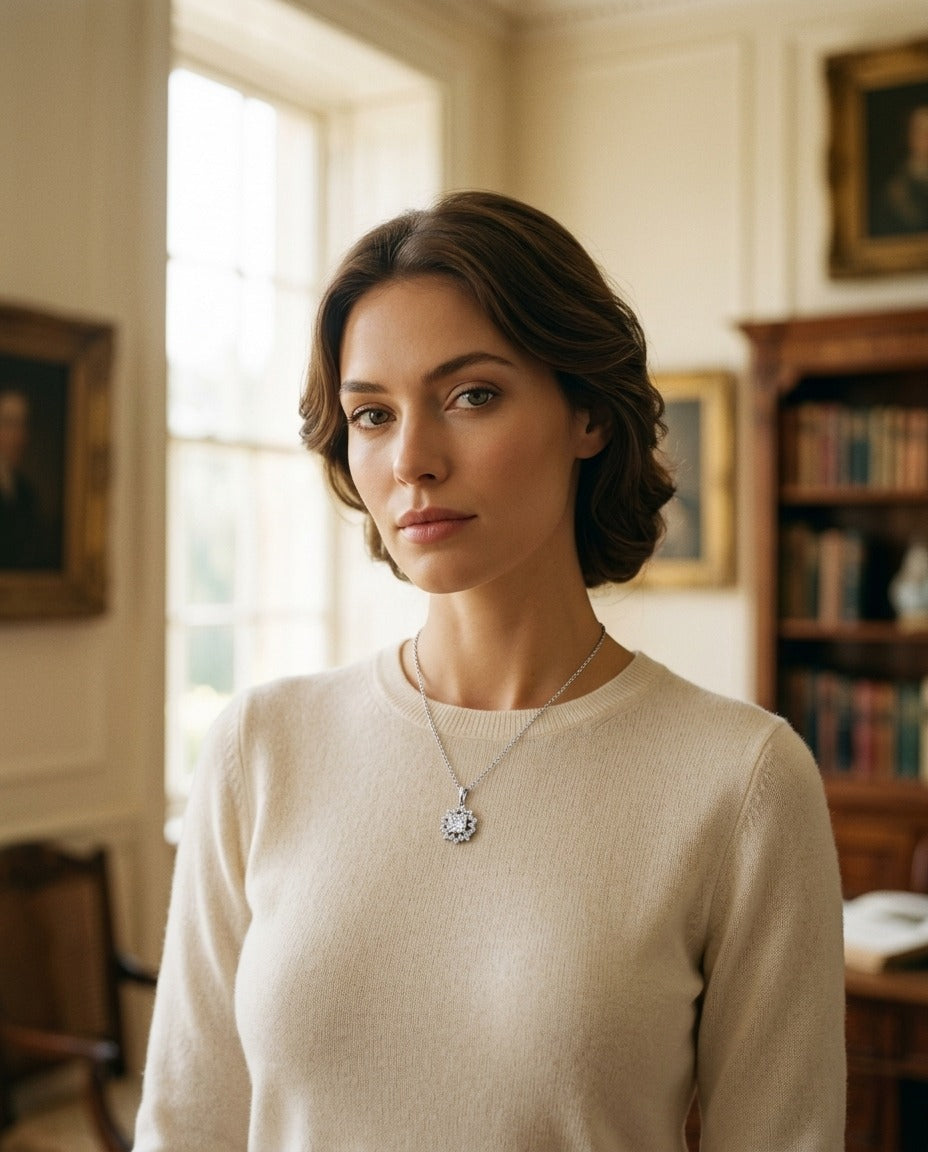 Diamond Floral Pendant in 14k White Gold Cz Ctr 1/5ctw 16-18 Inch Adj Chain — portrait full