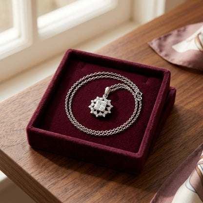 Diamond Floral Pendant in 14k White Gold Cz Ctr 1/5ctw 16-18 Inch Adj Chain — velvet box