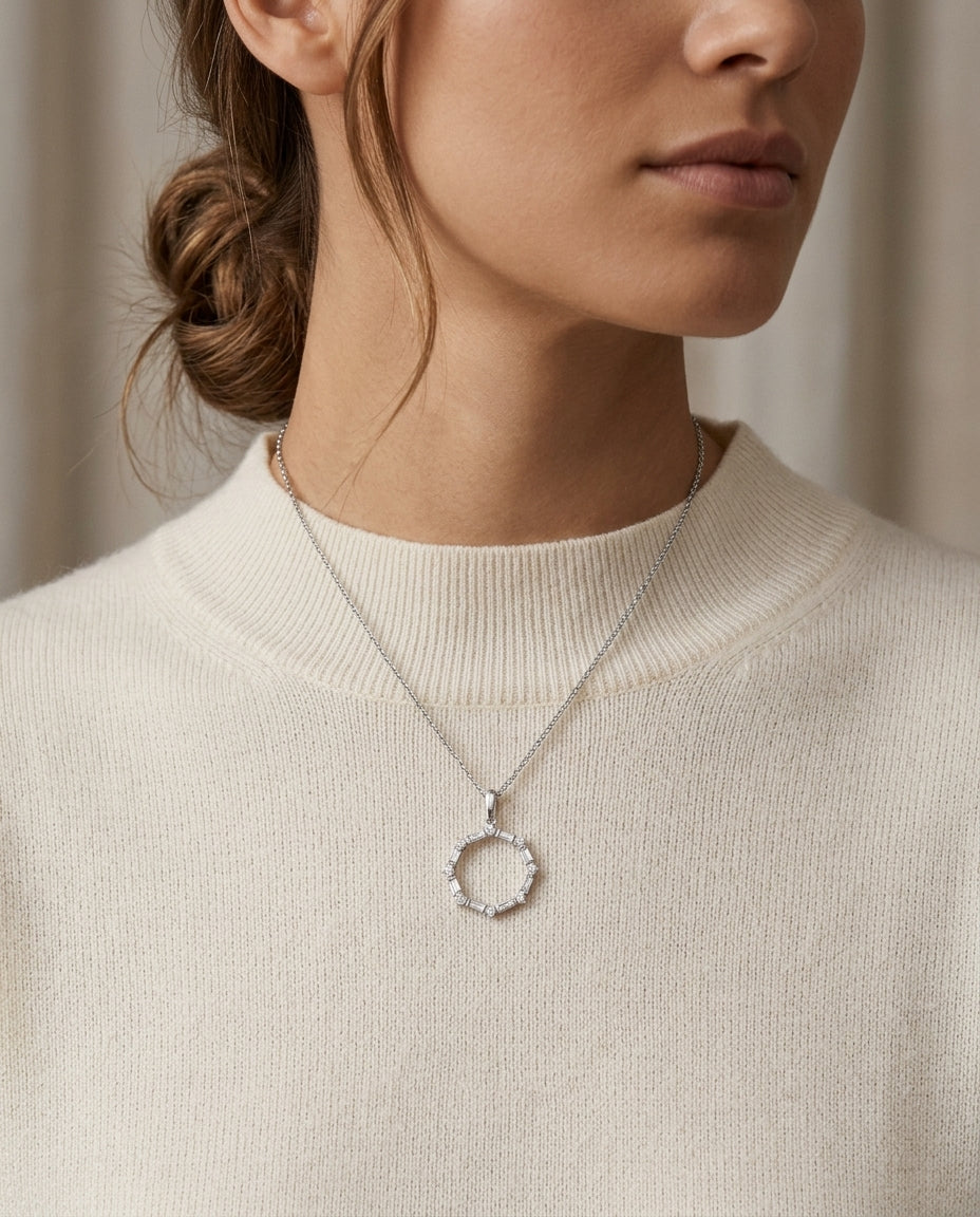 Baguette 1/5ctw & Round 1/10ctw Circle Pendant in 14K White Gold - lifestyle