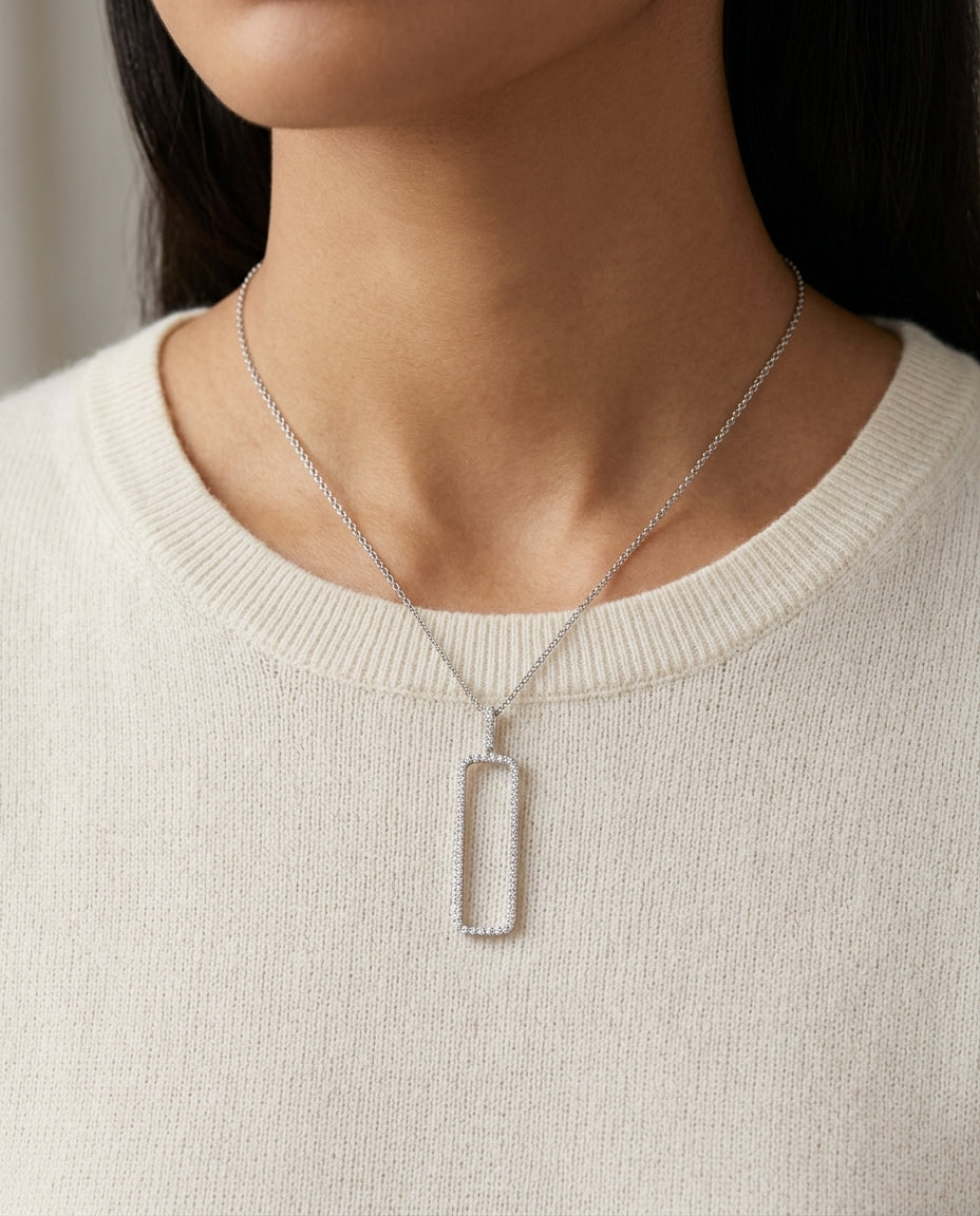 Diamond Open Rectangle Necklace In 14k White Gold 3/8ctw, 18 Inch Rolo Chain — editorial close-up