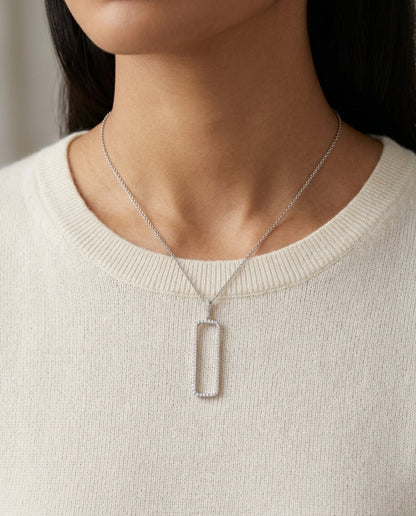 Diamond Open Rectangle Necklace In 14k White Gold 3/8ctw, 18 Inch Rolo Chain — editorial close-up