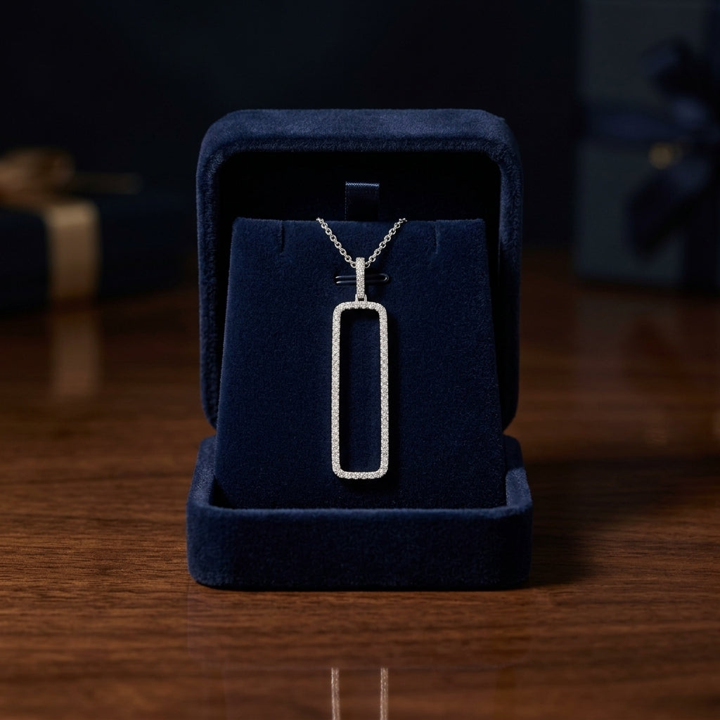 Diamond Open Rectangle Necklace In 14k White Gold 3/8ctw, 18 Inch Rolo Chain — gift presentation