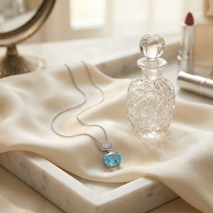 Blue Topaz Oval & Diamond 1/16ctw Pendant Set in 14k White Gold with Chain — marble silk