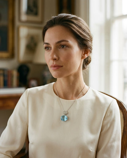 Blue Topaz Oval & Diamond 1/16ctw Pendant Set in 14k White Gold with Chain — portrait full