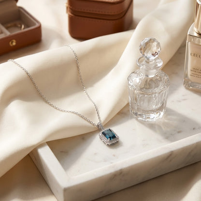 London Blue Topaz & Diamond 1/6ctw Pendant Set in 14k White Gold with Chain — marble silk